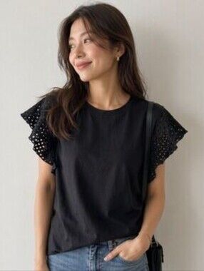 KARL Lagerfeld Paris Black Eyelet Flutter Sleeve Top XL Cotton Blend